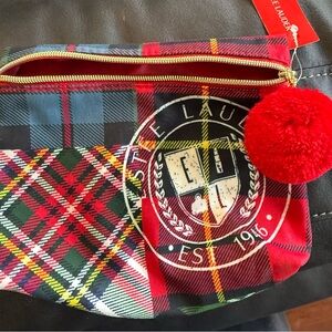 Estée Lauder Plaid Cosmetic Bag NWT Holiday Makeup Pouch Red Pom Pom